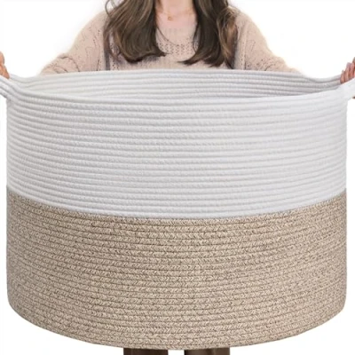 Afbeelding van TIMEYARD Opbergmand, opbergmand kinderkamer, wasmand kinderen, grote mand, kerstboommand, mand voor dekens, babyspeelgoed, gevlochten 55 x 35 cm, bruin
