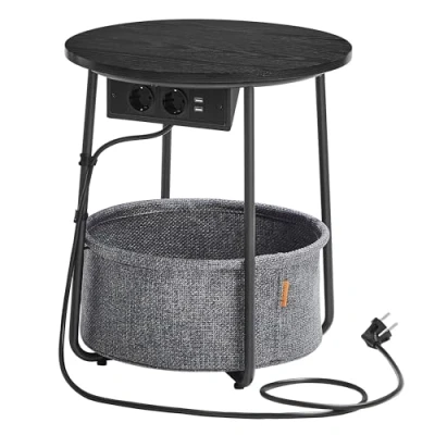 Afbeelding van VASAGLE Bijzettafel rond met laadstation, kleine tafel stopcontact, salontafel, USB aansluitingen, stoffen mand, woonkamer slaapkamer, nachtkastje modern, ebbenzwart leigrijs LET228B02