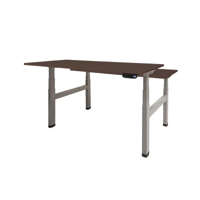 Afbeelding van Dextro plus duo zit/sta 160x80cm, electrisch hoogte verstelbare werkplek, H poot frame. Frame kleur aluminium (RAL9006) en blad Logan eiken.