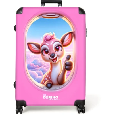 Afbeelding van NoBoringSuitcases.com® Koffer groot Reiskoffer lichtgewicht Vrolijk jong hertje zichtbaar in vliegtuigraam Rolkoffer met 4 wielen Grote trolley XL 98 liter bagage