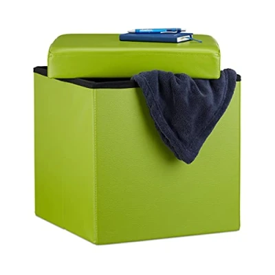 Afbeelding van Relaxdays opvouwbare poef met opbergruimte, 38 x cm, vierkant, deksel, stevig, voetenbank, zitkist, groen