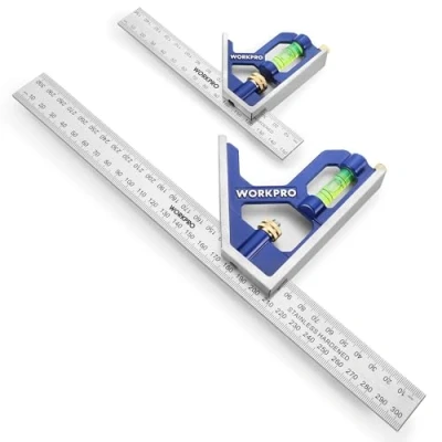 Afbeelding van WORKPRO Combinatiehoek 150mm &amp; 300mm, Stophoek Universele hoek met waterpas en markeernaald, Verstelbare roestvrijstalen gradenboog 90/45 graden meetgereedschap handvat van zinklegering