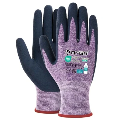 Afbeelding van KAYGO Latex gecoate werkhandschoenen voor dames, ademend, 3 paar gerecyclede polyester tuinhandschoenen, milieuvriendelijke veiligheidshandschoenen KGE19L (paars, klein)