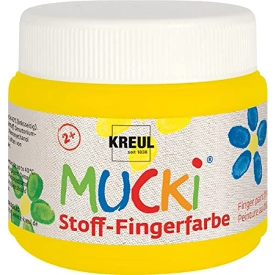 Afbeelding van Kreul 28102 Mucki heldere stof vingerverf, 150 ml in geel, op waterbasis, parabenvrij, glutenvrij, lactosevrij en veganistisch, optimaal voor gebruik met vingers handen