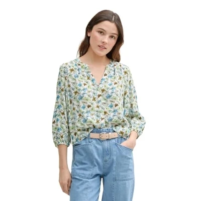 Afbeelding van TOM Tailor Denim WITH Buttons Blouse, Dames, Maat: XXL, White/green/blue