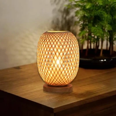 Afbeelding van GUANSHAN Handgeweven Bamboe Kunst Tafellamp Rustieke Lampenkap Bedlampje Atmosfeer Nachtlampje Tafelverlichting Decoratieve Voor Slaapkamer Woonkamer