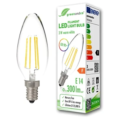 Afbeelding van greenandco® CRI90+ filament LED lamp vervangt 28 Watt E14 kaars, 3W 300 Lumen 2700K warm wit 360 230V AC glas, niet dimbaar, flikkervrij