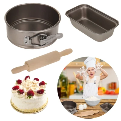 Afbeelding van Cheqo® Bakset voor Kinderen Kinderbakset Bakgerei Springvorm Deegroller Cakevorm Cupcakes Maken 3 delig