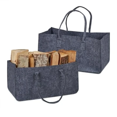 Afbeelding van Relaxdays houtmand vilt set van 2 28 liter tas openhaardhout draagtas haardhout