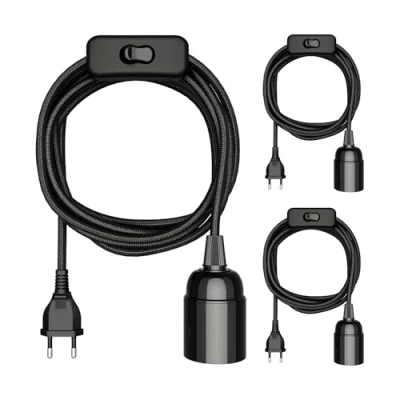 Afbeelding van ledscom.de 3 stuks textielkabel LEHA, stekker, schakelaar, zwart, 3m, fitting, 1x E27 max. 60W
