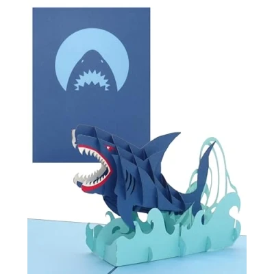 Afbeelding van 3D verjaardagskaart &quot;Hai Shark Attack&quot; grote pop up kaart met envelop als wenskaart, uitnodiging, haaiendecoratie, cadeau idee en grappige uitnodigingskaart voor vissen vissers