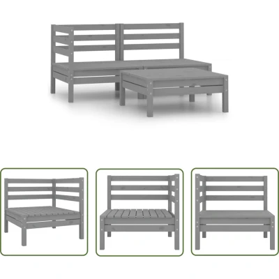 Afbeelding van vidaXL Tuinmeubilair Loungeset 3 delige massief Grenenhout grijs Lounge Set Buitendecor