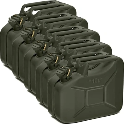 Afbeelding van BW® Brandstofjerrycan, metaal, 5 x 10 liter, bronsgroen, RAL 6031 F9, TÜV getest en VN goedkeuring, Made in Europe
