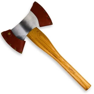 Afbeelding van Xforst bijl, dubbele kop van gesmeed koolstofstaal met hickory houten handvat, inclusief zwarte leren beschermhoes, Viking 42 cm / 1,4 kg. X DB