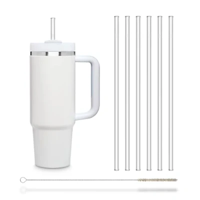 Afbeelding van Halm glazen rietjes, 6 stuks, recht, 27 cm lang + plasticvrije reinigingsborstel, vaatwasmachinebestendig, duurzaam, rietjes voor flessen, waterfles