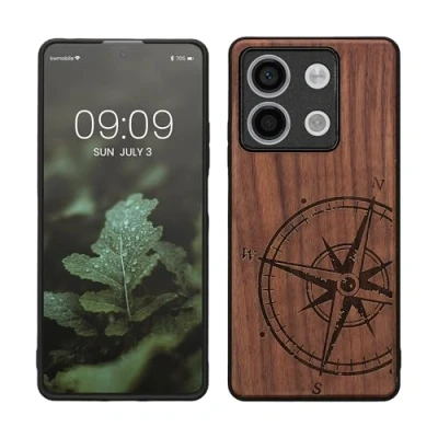 Afbeelding van kwmobile telefoonhoesje geschikt voorXiaomi Redmi Note 13 5G Hoesje met bumper walnoothout In donkerbruin Vintage Kompas design