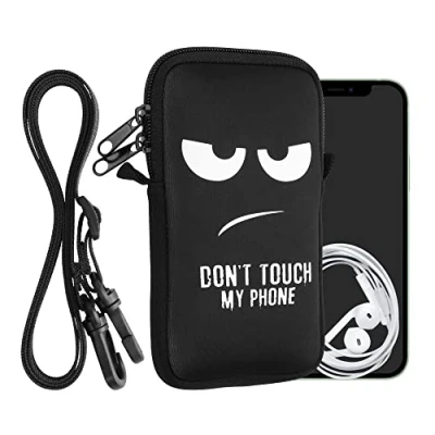 Afbeelding van kwmobile Tasje voor smartphones L 6,5&quot; Hoesje van neopreen in wit / zwart Phone case met nekkoord Don&#039;t Touch My design