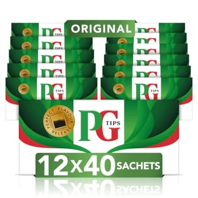 Afbeelding van PG Tips Theezakjes, origineel, zwarte thee, met de fijnste en meest verse theebladeren, voor dagelijks genot, 12 stuks x 40 zakjes, 480 theezakjes