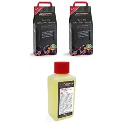 Afbeelding van 2x LotusGrill beukenhoutskool zak van 2,5 kg incl. brandpasta 200 ml, beide ontwikkeld voor rookarm grillen met de