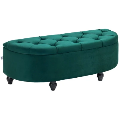 Afbeelding van HOMCOM Poef de Rangement Coffre 2 en 1 Design Classique Chic Capitonné Demi Cercle Pieds Bois hévéa Noir Revêtement Velours Blauw