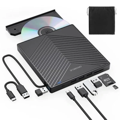 Afbeelding van ORIGBELIE Externe cd dvd speler, ultradunne USB 3.0 brander met 4 poorten en 2 sleuven voor TF/SD kaart, optische schijfstation Mac laptop, 8 in 1