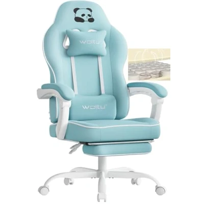 Afbeelding van WOLTU gamingstoel met pocketveringkussen, gamingstoel, 150 kg belastbaarheid, ergonomische draaistoel, hoofdkussen, lendenkussen, voetensteun, netstof, lichtblauw, GS16hbl