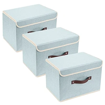 Afbeelding van TYEERS Opvouwbare Opbergdoos met Deksel, Stof, Afwasbaar, Opbergbak 38x25x25 cm, Set van 3, Aqua Spring
