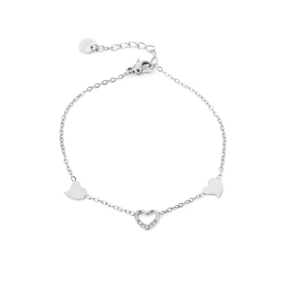 Afbeelding van Bijoutheek Armband (Sieraad) 3 Hartjes Witte Stenen Zilver