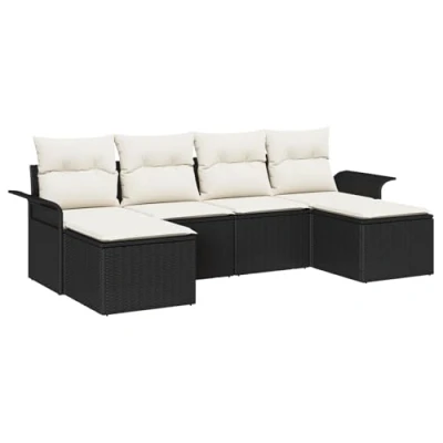Afbeelding van vidaXL 6 delige Tuin Sofa Set met Kussens Zwart Poly Rattan, 2 Zits Opbergruimte &amp; Rattan