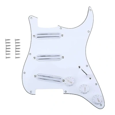 Afbeelding van Musiclily 11 Schroefgaten SSS Pickguard Loaded Slagplaat met Hot Rail Hoge Output Element Set voor Fender Squier Strat Elektrische Gitaar, 3 laags Wit