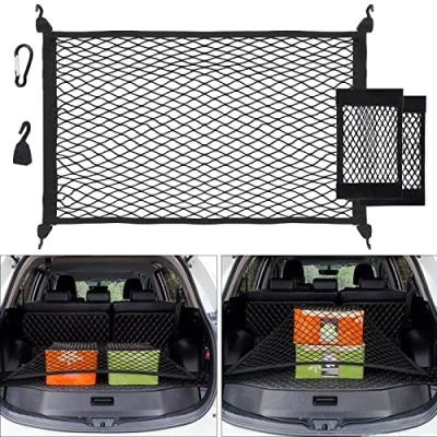Afbeelding van UIHOL Kofferbaknet auto, bagagenet verlengt tot 140 x 100 cm, opbergnet voor kofferbak, autodak, 2 organizer nettas, 4 stalen karabijnhaken + ABS haken, elastische rand houdt lasten vast