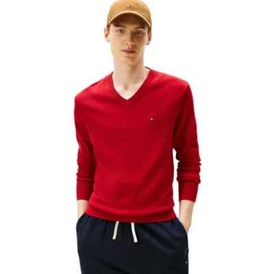 Afbeelding van Tommy Hilfiger Heren Essential Katoen V hals MW0MW14745 Pullover Sweater, Rood, S, Rood (Medium Rood), S
