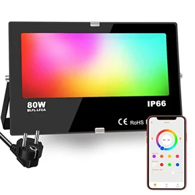 Afbeelding van iLC, RGB LED spot 80W, RGBW kleurwisselende schijnwerper equivalent aan 800W, groeperingstimer voor 16 miljoen kleuren, 2700K warmwit, waterbeschermingsklasse IP66 buiten binnen