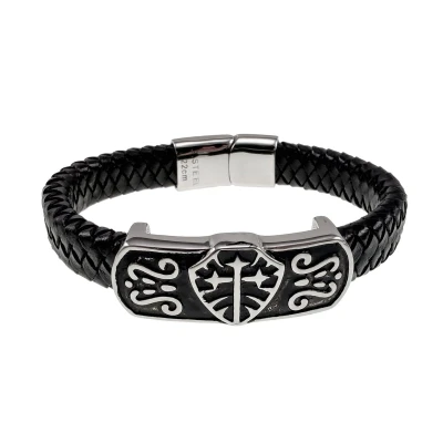Afbeelding van 18cm Leer Armband Heren Zwarte Leren Brede Herenarmband met Schild en Kruisdetails RVS Magneetsluiting
