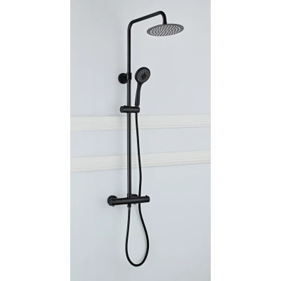 Afbeelding van Saniclear Nero mat zwart opbouw regendouche 20cm met thermostaatkraan en 3 standen handdouche