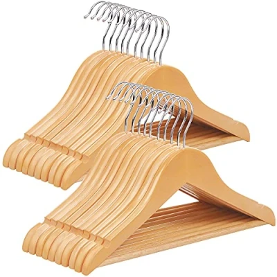 Afbeelding van SONGMICS kleerhanger voor kinderen van massief hout, 20 stuks, houten met antislip broekstang en inkepingen, 360 draaibare haak, 35 x 1,2 cm, kleur naturel CRW006
