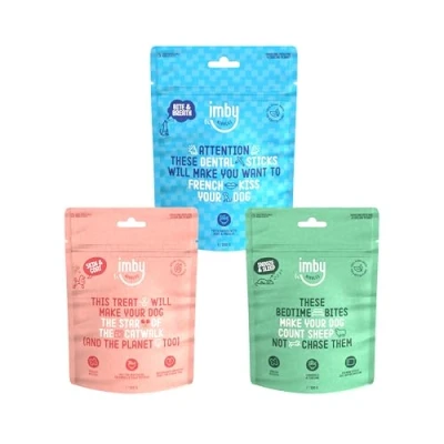 Afbeelding van Imby Hondensnacks multipack 9x 100gr Skin &amp; Coat, Dental sticks Bedtime bites Laag in Caloriën 100% natuurlijke hondensnoepjes