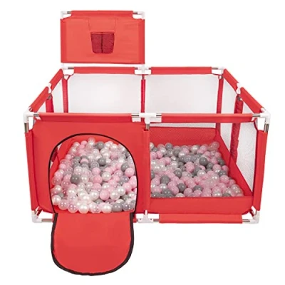 Afbeelding van Selonis Square Babybox Met Plastic 100 Ballen, Basketbal, Rood:Parel/Grijs/Transparant/Poederroze