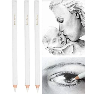 Afbeelding van 3 Pack Professionele Witte Houtskool Potloden Set Schets Hoogtepunt Kleurpotloden Tekening Art Schilderen Levert voor Tekenen, Schetsen, Shading, Blending Krijt Beginners