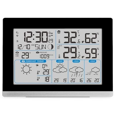 Afbeelding van WD2100 weerstation met weergegevens op het scherm en de smartphone of tablet via app &quot;Direct weer&quot;