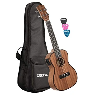 Afbeelding van Cascha Premium Mahonie sopraan ukelele, kleine Hawaii gitaar, Ukelele voor beginners met Aquila snaren en 3 plectrums + tas incl. Pickupnaald 24 inch Konzert