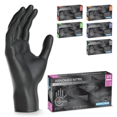 Afbeelding van ARNOMED wegwerphandschoenen zwart, nitril handschoenen XS, 100 stuks per doos, poedervrij &amp; latexvrij, verkrijgbaar in maat S, M, L, XL XXL