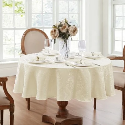 Afbeelding van Elrene Damast Tafelkleed, polyester, ivoor, 152 x 213 cm ovaal