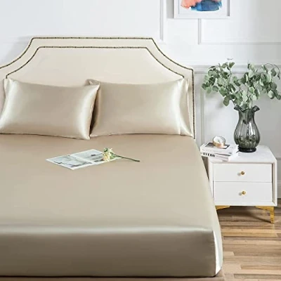 Afbeelding van Damier Satijnen hoeslaken, 90 x 200 cm, beige, zijdeachtig, glanzend, geschikt voor matrassen tot 25 cm dik