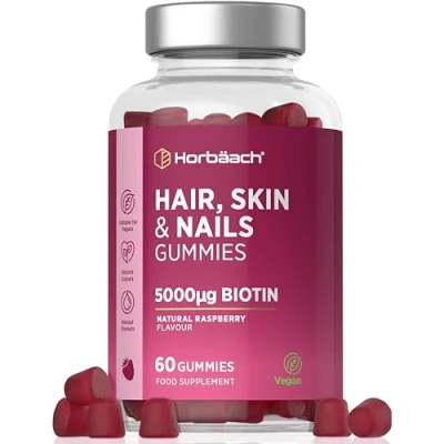 Afbeelding van Haar Huid en Nagels Vitamine met Biotine, B8, B12, C 60 Veganistische Gummies frambozensmaak Horbaach