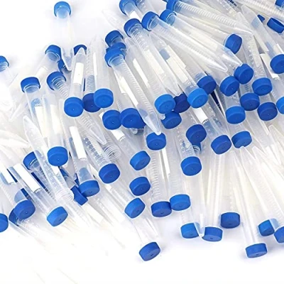 Afbeelding van 100 stuks 15 ml kunststof centrifuge buis, blauwe schroefdop, conische bodem, gegradueerde markeringen
