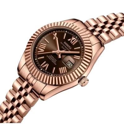 Afbeelding van Nibosi Luxe Dameshorloge Polshorloge Dames Cadeau Horloge Geschenkdoos Vrouwen Rosé Chocolate Dial RVS