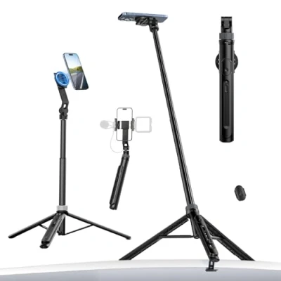 Afbeelding van Mobiele Telefoon Statief 145cm, Magnetische Selfie Stick met Afstandsbediening, Vlog Standaard 2 in 1 Telefoonclip, Koude Schoen Montage Compatibel voor iPhone/Samsung (Zwart)