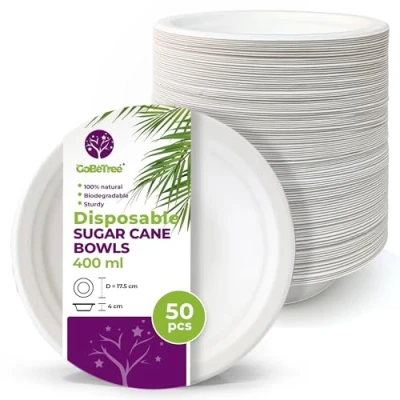Afbeelding van 50 Wegwerpkommen Van Suikerrietpapier 400 ml, Extra Sterk Biologisch Afbreekbaar Wegwerpservies In Witte Kleur, Geschikt Voor Feestjes En Ontbijt, Kommen Bagasse Alles.