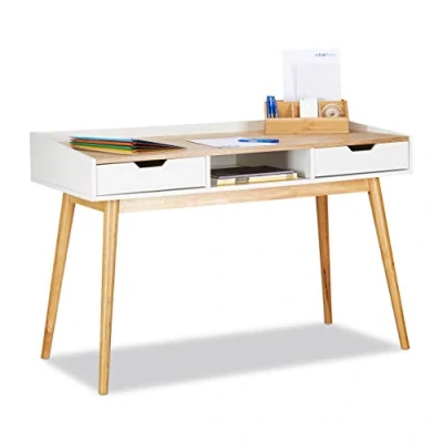 Afbeelding van Relaxdays bureau, 2 lades, Scandinavisch design, hout, HBD: ca. 76x120x55 cm, computertafel, computerbureau, wit bruin